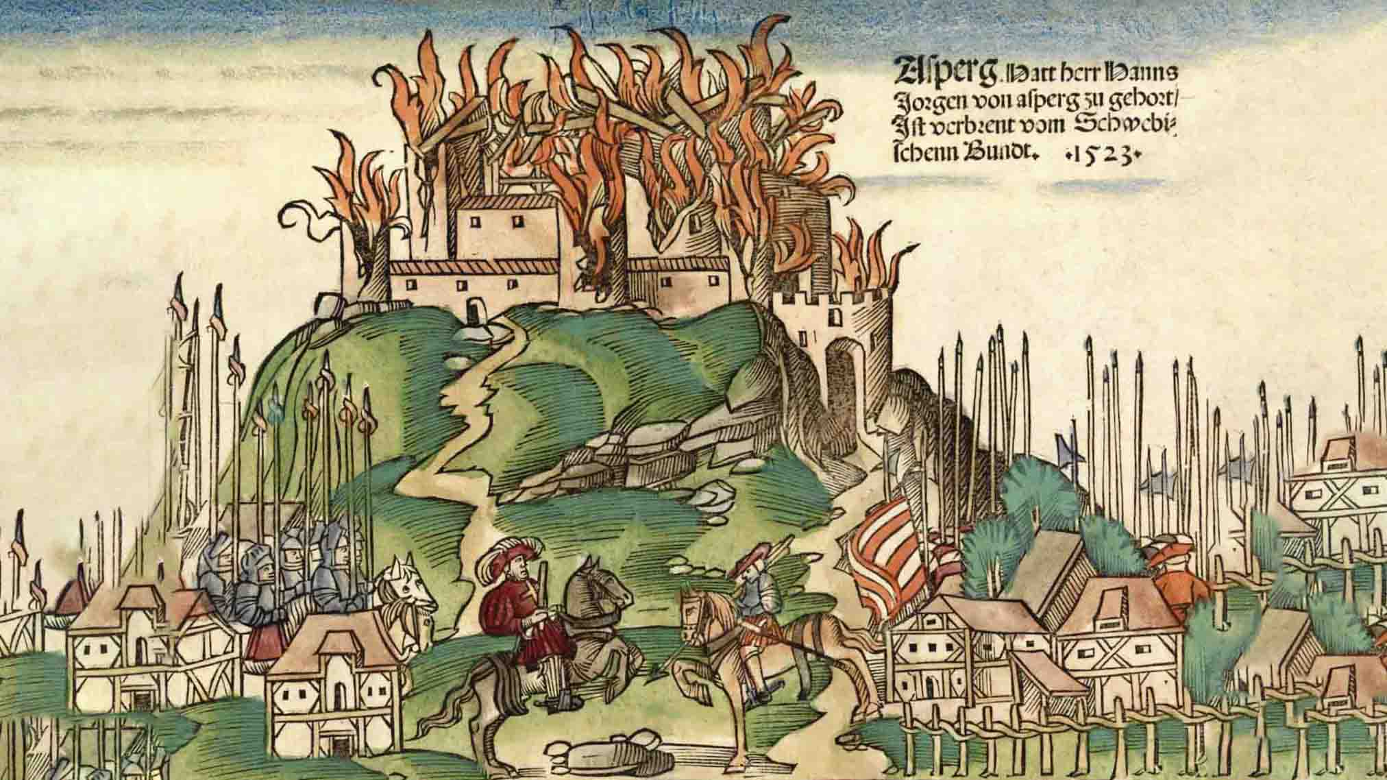 Vorschaubild zur Datenbank zu Mittelalterlichen Burgen in Franken (Holzschnitt der Burg Absberg von 1523)
